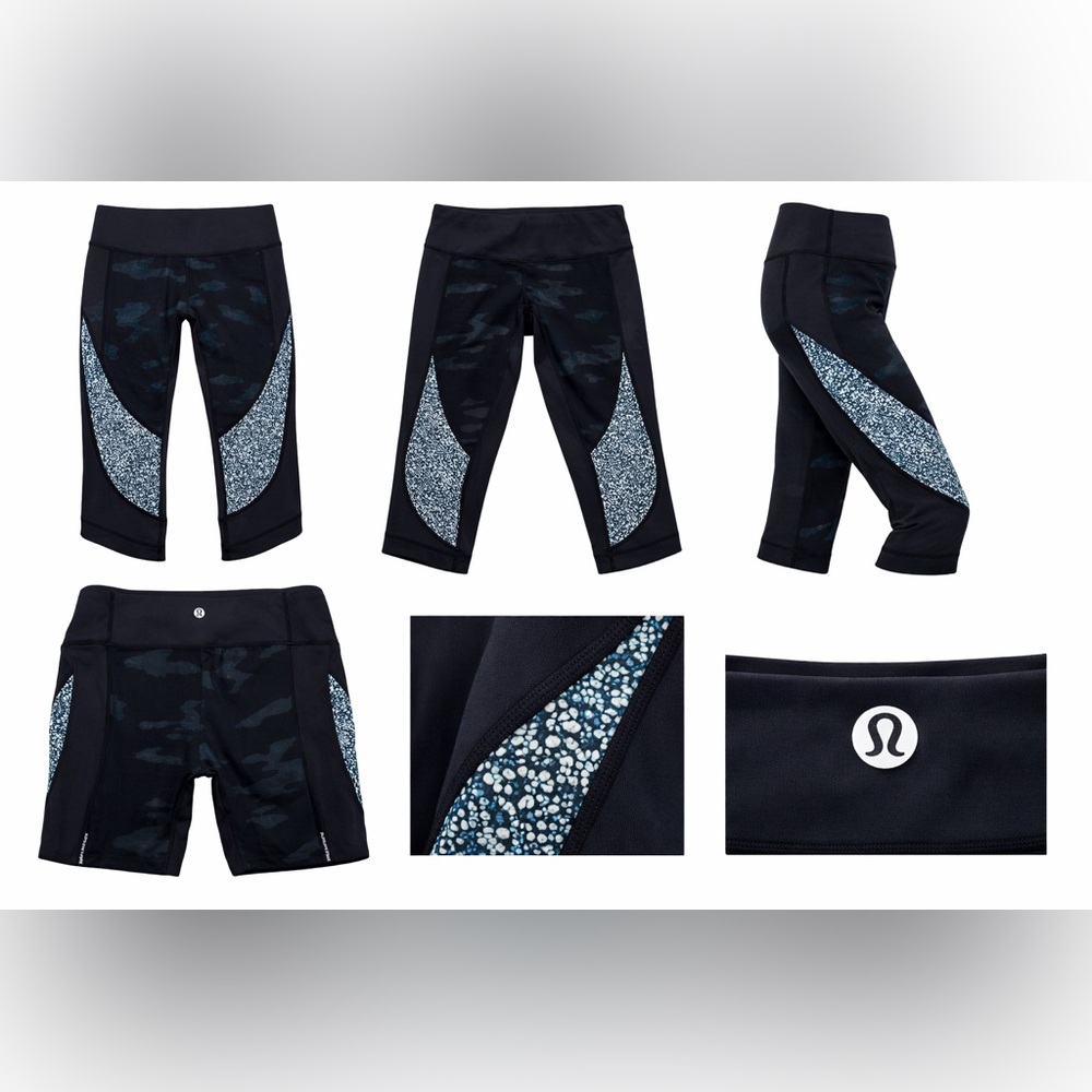 Lululemon Cropped Leggings Black Camo Reflective Panel Size 4